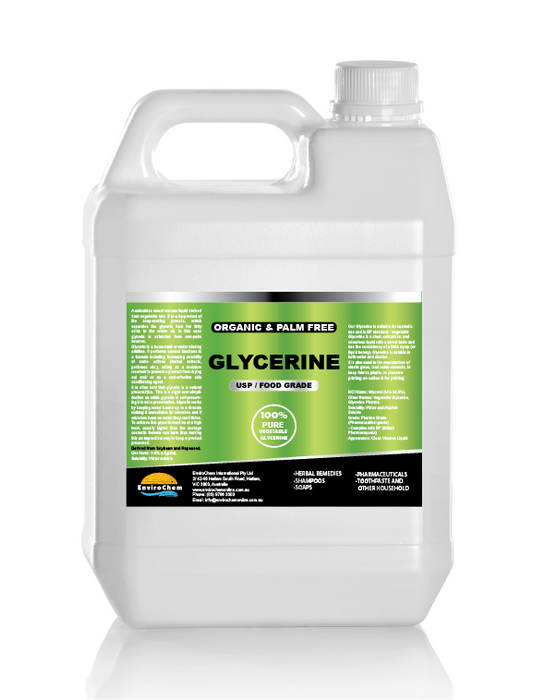 Glycerine (Palm Free) Organic, USP/Food Grade (soybean, rapeseed based)