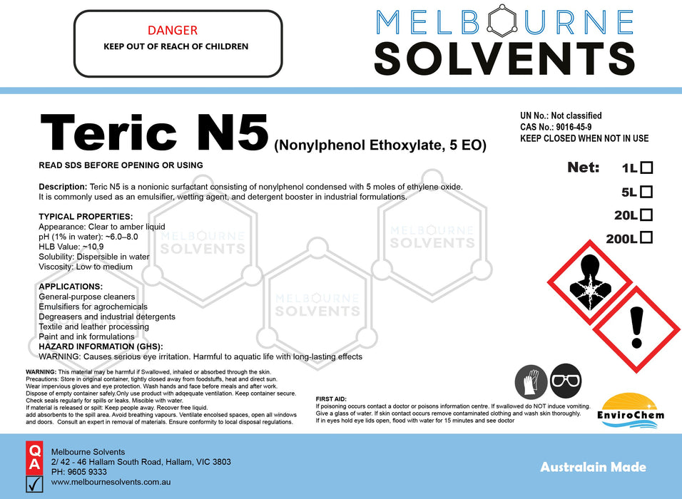 Teric N5 Surfactant (Nonylphenol Ethoxylate, 5 EO)