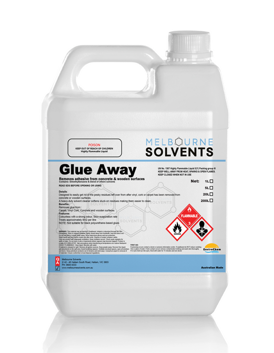 Glue Away "Removes adhesive from concrete & wooden surfaces"