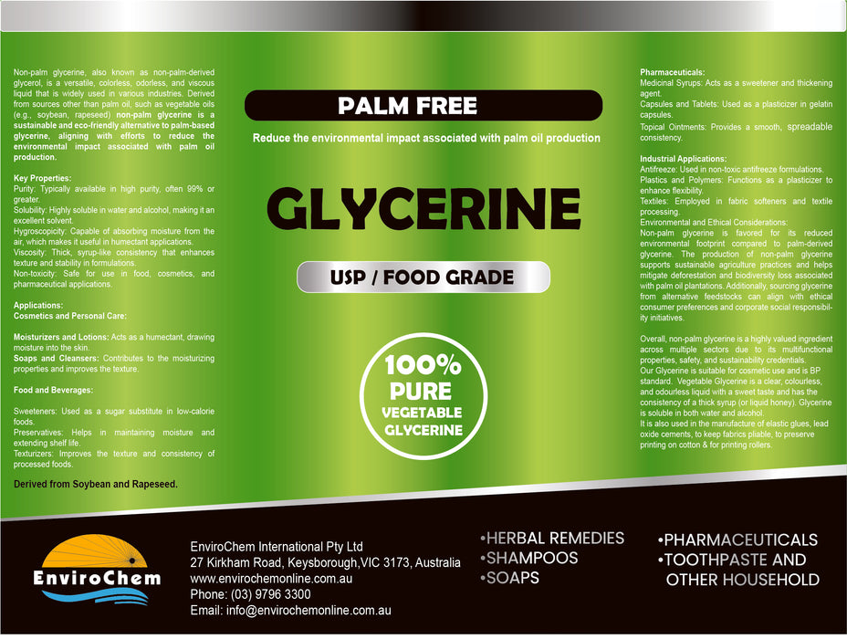 Glycerine (Palm Free), USP/Food Grade (soybean, rapeseed based)
